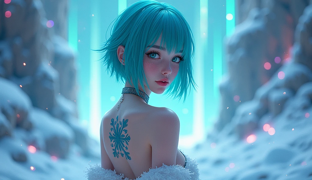 an Oculus character with short hair and a snowflake tattoo on her stomach 