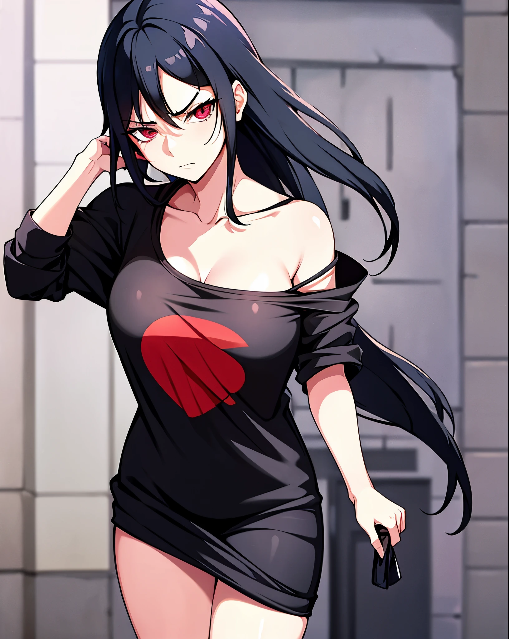 a sexy girl,  dark black hair, loose hair, Sharingan eyes, casual clothes, annoyed, head on, black shirt, blue jeans 