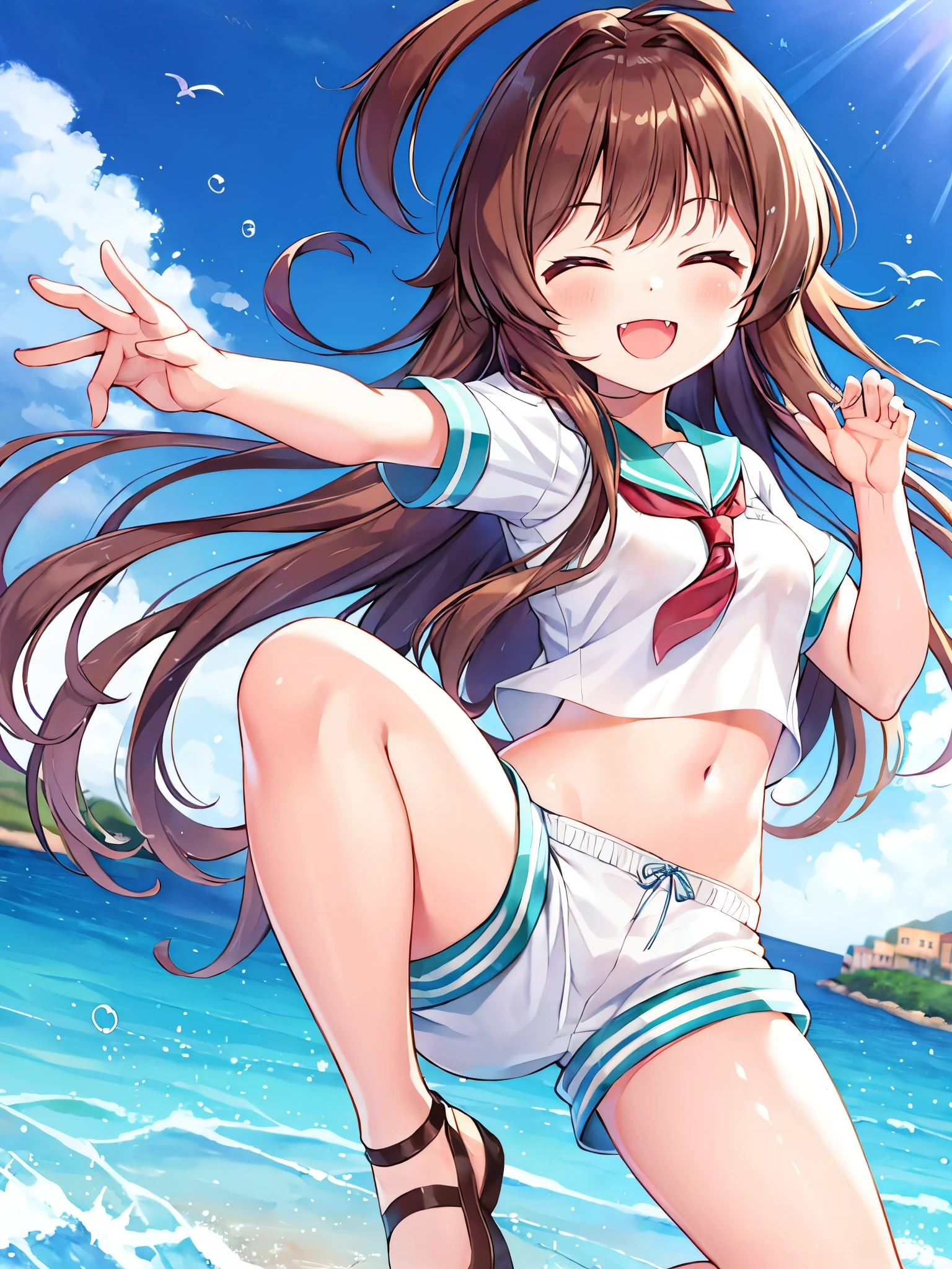 1young_teen_ girl,  brown_hair, long_hair, sailor_uniform,white_ baggy_shorts, short_sleeve, thighs, small_breasts, big_smile, open_mouth, fang, harbor_landscape_background, slightly_spread_legs, happiness, covered_crotch,ahoge,XD,exciting_posing,closed_eyes