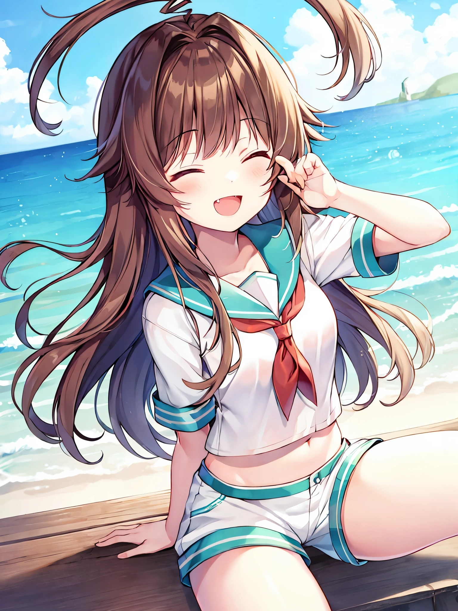 ung_teeirl,  brown_hair, long_hair, sailor_uniform,white_ baggy_shorts, short_sleeve, thighs, small_breasts, big_smile, open_mouth, fang, harbor_landscape_background, slightly_spread_legs, happiness, covered_crotch,ahoge,XD,exciting_posing,closed_eyes