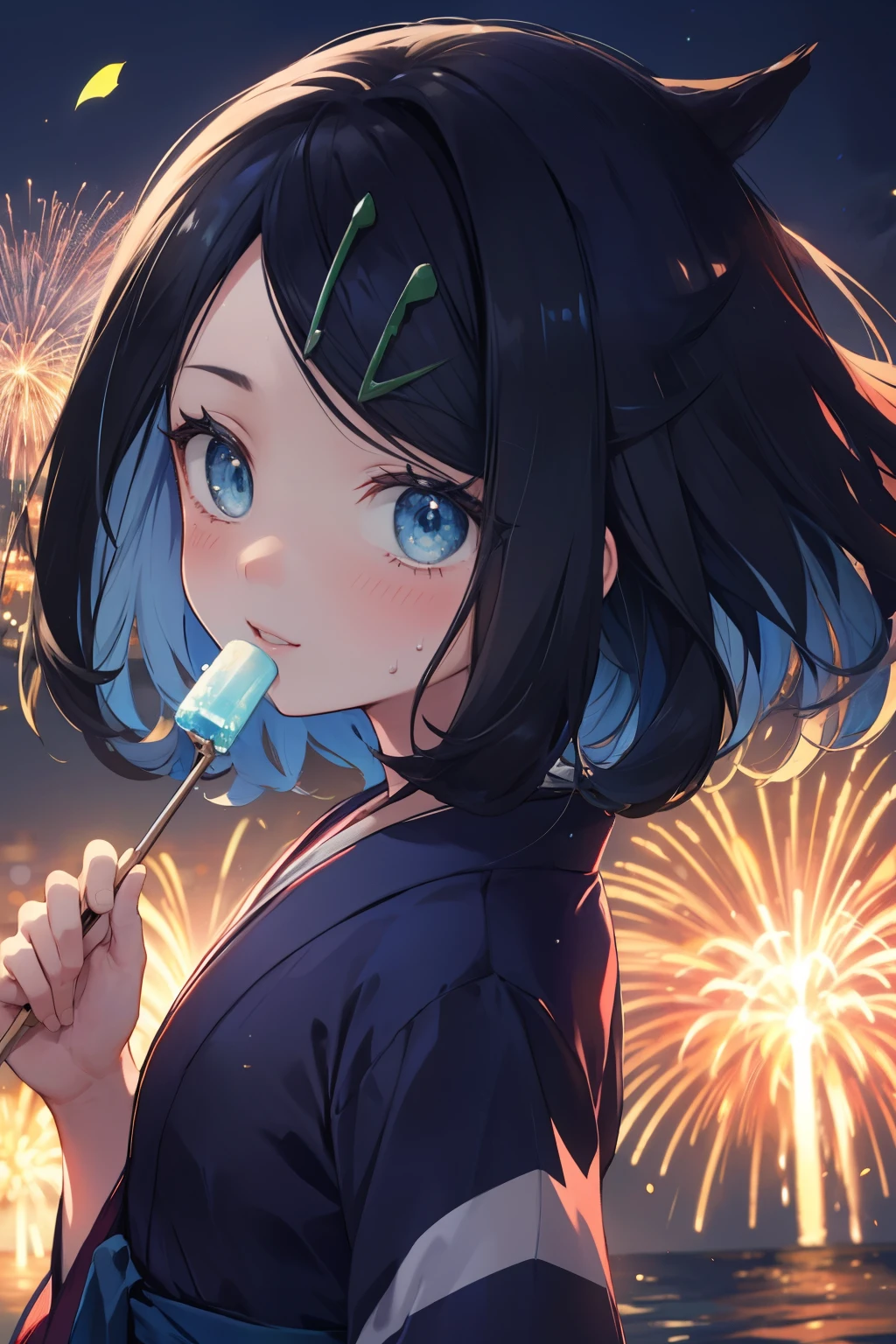 (masterpiece, Highest quality, 8K ultra-high resolution:1.4), Pokemon Riko, (A flashy navy blue yukata, night: 1.4), Beautiful Eyes, ((Close-up of face:1.4)), (The best smile of my lover:1.4), Open your mouth, Show the ice pop to the camera, Written boundary depth, Dramatic portrayal, (Colorful fireworks), Focus of the film, , Emotional composition, Emotional engine full throttle BREAK Young and cute, Slender body, Flat Chest, Highly detailed glossy skin,Sweat, 完璧なPokemon Riko
, Wind, detailed in the Wind, petals dancing in the Wind
BREAK
ultra detailed crystal eyes, Eyes like shining jewels