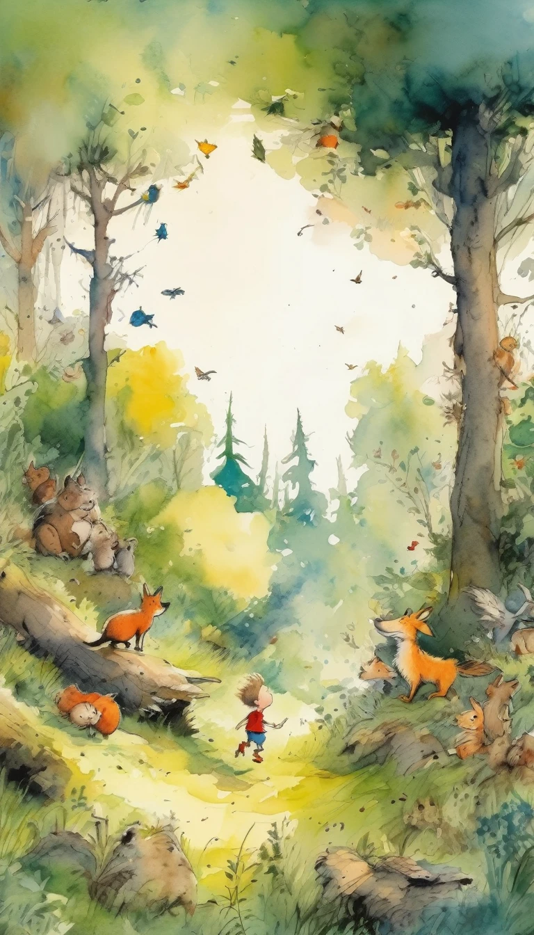 High resolution, best quality, masterpiece, highly detailed, Quentin Blake style photo, landscape in the forest, boy and forest animals playing.