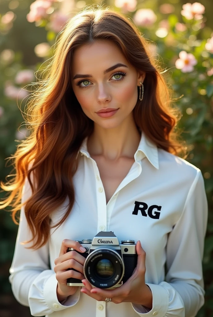 Beautiful woman wearing a shirt with a black RG name icon is carrying a camera