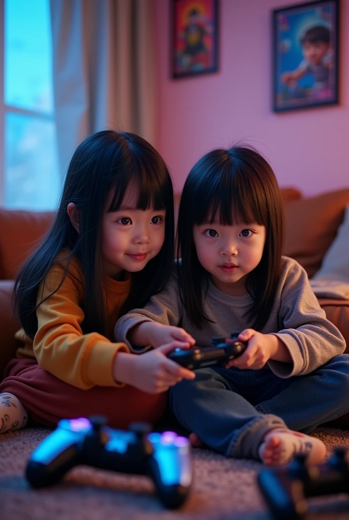  with straight black hair and brown eyes playing video games with her little brother who also has straight black hair and brown eyes.