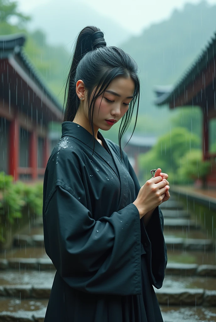 Highest quality, Realistic, Very detailed, finely, High resolution, 8k、Ninja、Realistic Japan woman in a temple, Tie your hair、How to put on a hairpin、it's raining、Walking up the stairs、Double teeth、With dimples