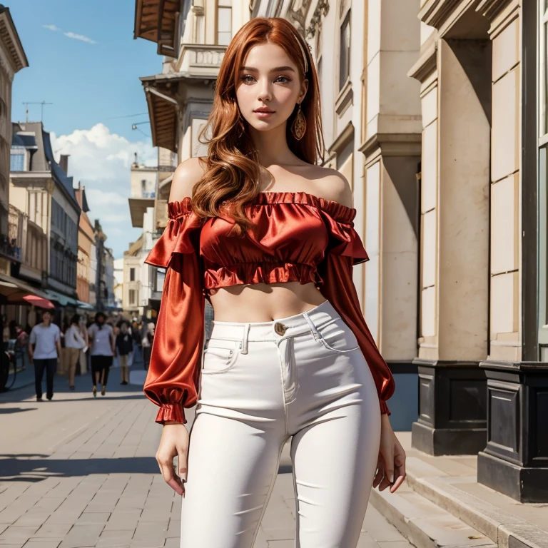 (masterpiece, best quality:1.5), highest quality, High resolution, super detailed, Realists, Bust portrait of a 22-year-old red-haired woman, detailed and beautiful eyes, beautiful detailed lips, very detailed eyes and face, longeyelashes, A 22-year-old woman in an open-shoulder top made of shiny satin and long pants, Beautiful and colorful makeup, elegant and noble々Pose,shiny satin headband,, City as background, bright daylight, bright colors, fine brushstrokes, Portrait style, beautiful color palette, glowing skin, First-class rendering, that captures every detail, enchanting atmosphere, (perfect anatomy:1.2), (The stunning woman wears a red off-the-shoulder top and long, tight white pants. She smiles flirtatiously., She stands and shows off her figure, (magnificent panorama view:1.2)