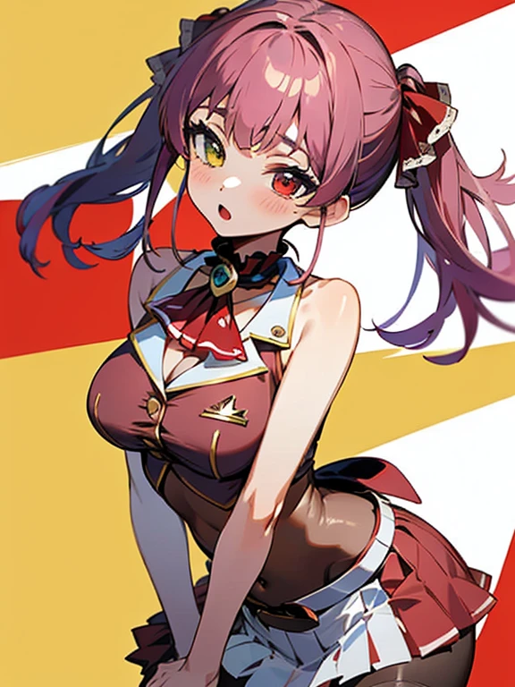 ((Highest quality)), ((masterpiece)), (detailed), One person, sexy,((face)), bbmarine, twintails, heterochromia, red ascot, bare shoulders, red shirt, bare arms, sleeveless, see-through, (leotard under clothes:1.2), covered navel, belt, pleated skirt, red skirt, black thighhighs