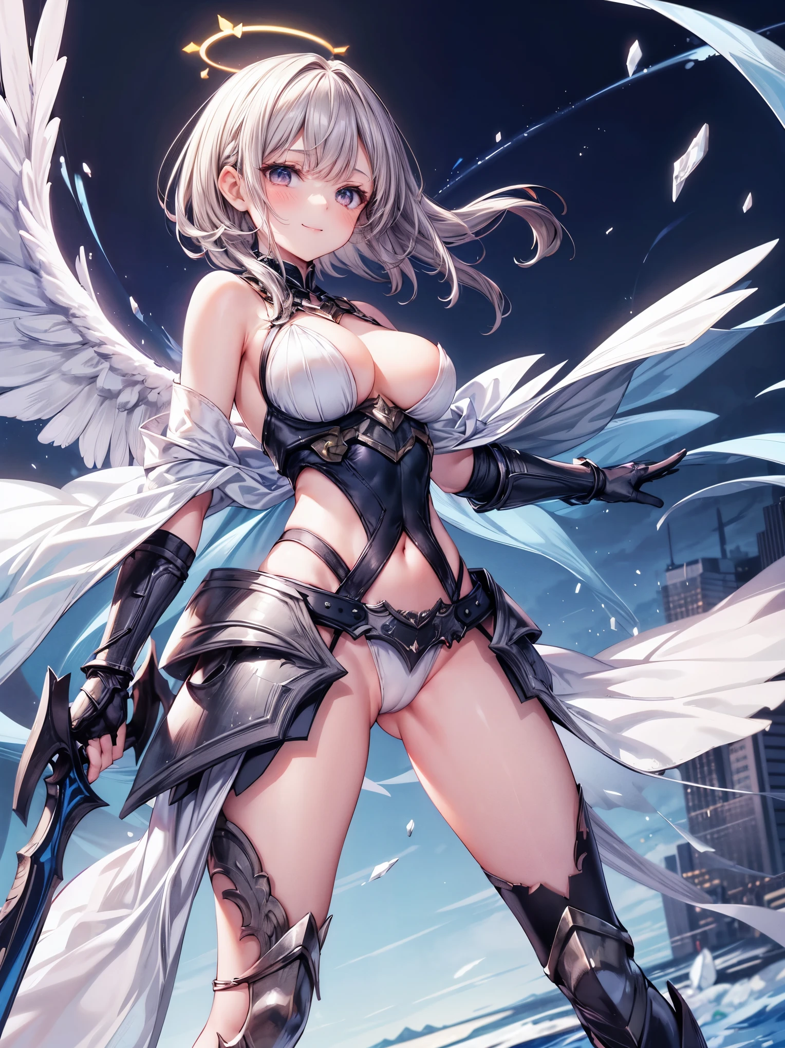 fantasy, 1angel_girl,(_teen:, ,brown_hair, medium_bob_hair, long_bangs, halo,bare_shoulder,thighhighs,silver_armor, waist_armor, large_breasts,1pair_wings, dynamic_pose_fighting,floating, bare_crotch, headgear,gauntlet, greaves,city_landscape_background,slightly_spread_legs, solo, groin_naked,smile