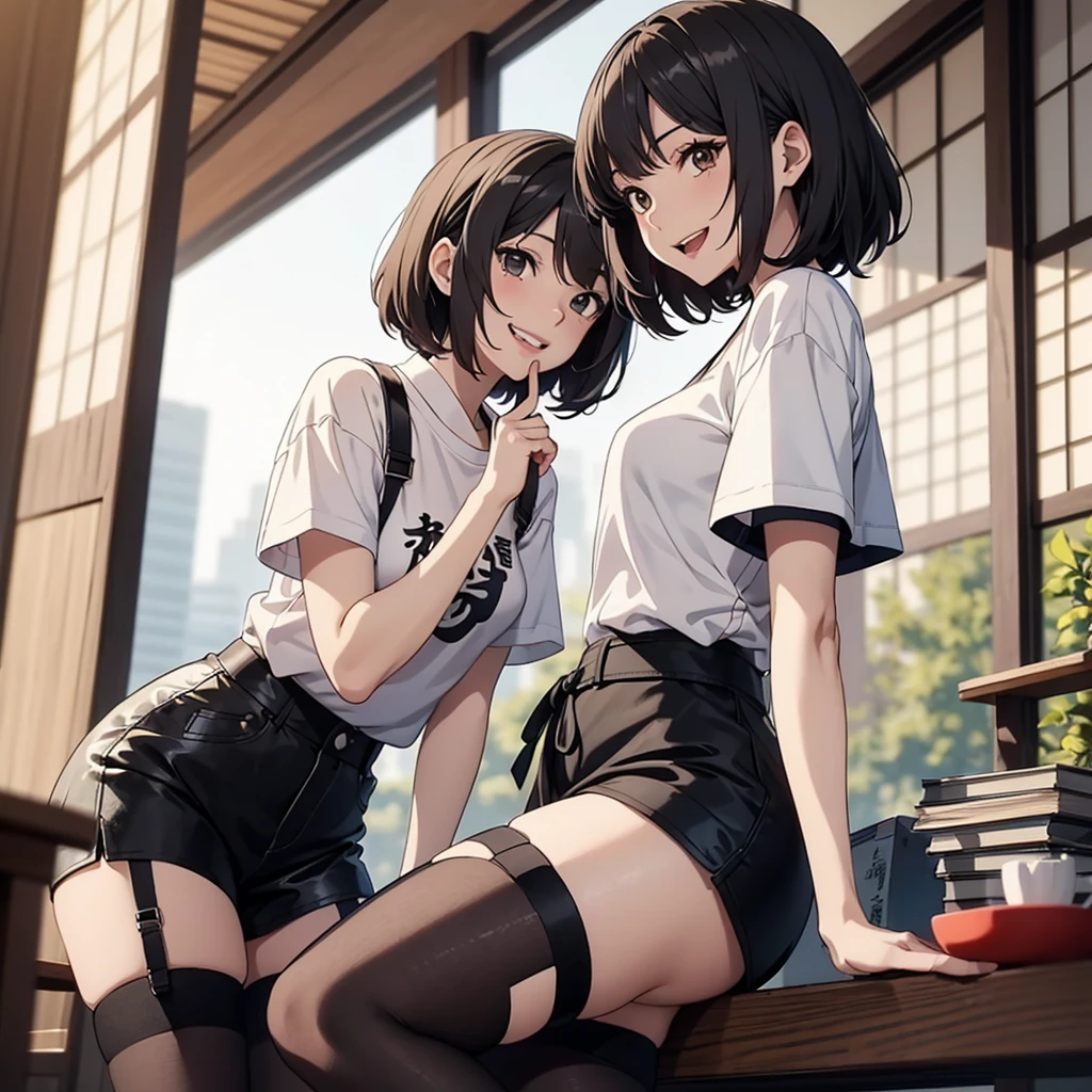 Tabletop High resolution Best image quality 8k ((A Japanese woman)) Anime Style Illustration White small t-shirt(No sleeve) Leather shorts Black garter stockings short hair((Shortcuts)(Black Hair)(Perm)(fluffy)) Brown eyes Attractive face((Laughter)(smile)(Open your mouth)) test course whisper