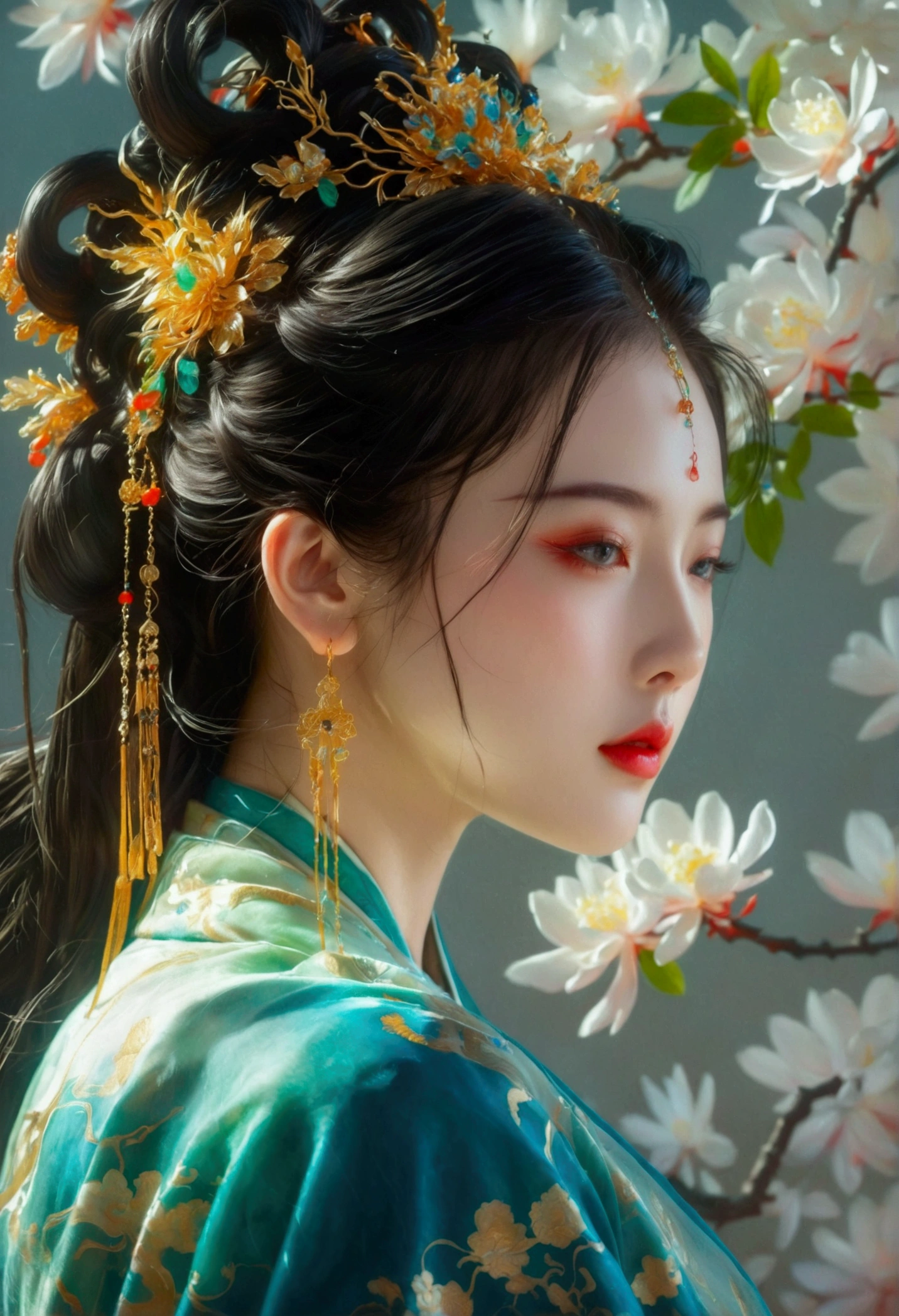 Chinese landscape painting, Jade material, Blue, greenand white color, gold line hook, white backgroundbright colors, natural lighting, best quality, Awardwinning work, blender, (8k，Bright colors，Bright，Ultra high saturation，rgb, Colorful)，(High contrast:1.5)，(whole body:1.8), magazine photography，Popular on social platforms，((Dopamineism))，(((Dopamine color matching)))，Dopamine，(in the style of Y2K)，Luo Erchun，Three-dimensional ancient style，Oriental poetry and painting