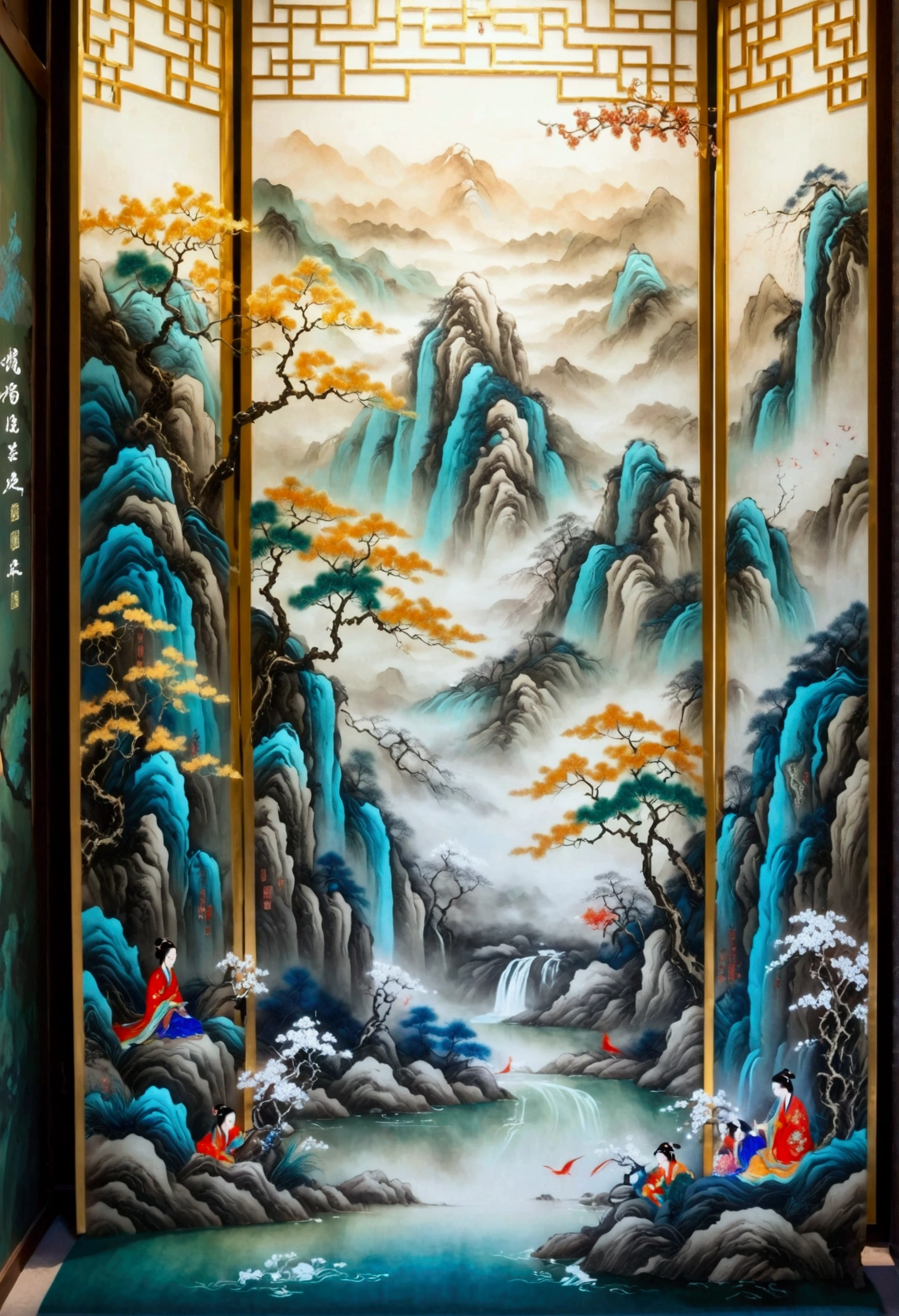 Chinese landscape painting, Jade material, Blue, greenand white color, gold line hook, white backgroundbright colors, natural lighting, best quality, Awardwinning work, blender, (8k,Bright colors,Bright,Ultra high saturation,rgb, Colorful),(High contrast:1.5),(whole body:1.8), magazine photography,Popular on social platforms,((Dopamineism)),(((Dopamine color matching))),Dopamine,(in the style of Y2K),Luo Erchun,Three-dimensional ancient style,Oriental poetry and painting