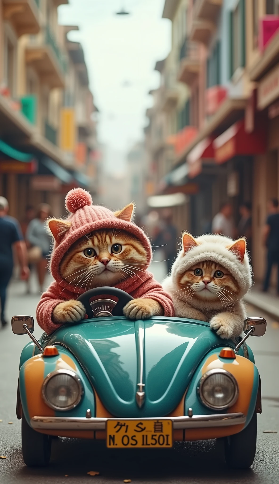 A pair of cute chubby white and orange cats are in a car, with the male cat behind the wheel, concentrating on driving, while the female cat sits beside him, looking relaxed and pampered. Both cats are dressed in casual, human-like clothing, giving the scene a charming and whimsical vibe as they enjoy their drive together. camera position in front of car, location in city street.