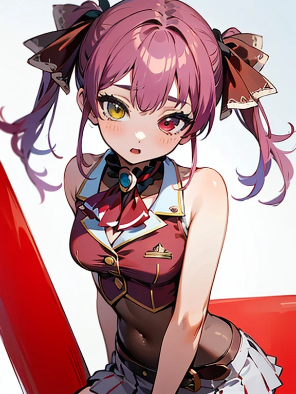 ((Highest quality)), ((masterpiece)), (detailed), One person, sexy,((face)), bbmarine, twintails, heterochromia, red ascot, bare shoulders, red shirt, bare arms, sleeveless, see-through, (leotard under clothes:1.2), covered navel, belt, pleated skirt, red skirt, black thighhighs