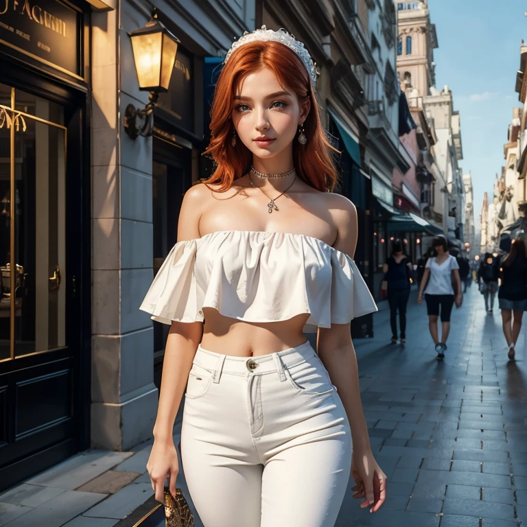 (masterpiece, best quality:1.5), highest quality, High resolution, super detailed, Realists, Bust portrait of a 22-year-old red-haired woman, detailed and beautiful eyes, beautiful detailed lips, very detailed eyes and face, longeyelashes, A 22-year-old woman in an open-shoulder top made of shiny satin and long pants, Beautiful and colorful makeup, elegant and noble々Pose,shiny satin headband,, City as background, bright daylight, bright colors, fine brushstrokes, Portrait style, beautiful color palette, glowing skin, First-class rendering, that captures every detail, enchanting atmosphere, (perfect anatomy:1.2), (The stunning woman is wearing a blue off-the-shoulder top and long, tight white pants.. She smiles flirtatiously., She stands and shows off her figure, (magnificent panorama view:1.2)