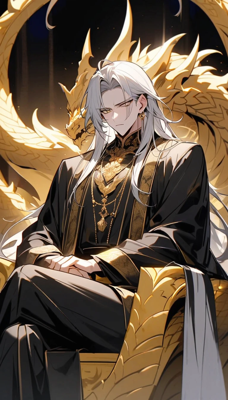 Handsome, solo, 1 male, (Cold expression), long hair, white silver hair, yelow eye, sharp eyes, deep gold colored eyes, dark golden colored eyes, deep gold eyes, gold eyes, wearing a black Hanfu, full black Hanfu, Charming male god, ((perched atop a large golden dragon throne, sitting on throne crossed legged ), High target,8K,Beautiful contrast of light and shadow,Golden flowers,Dark luxury background,(Complete upper body).