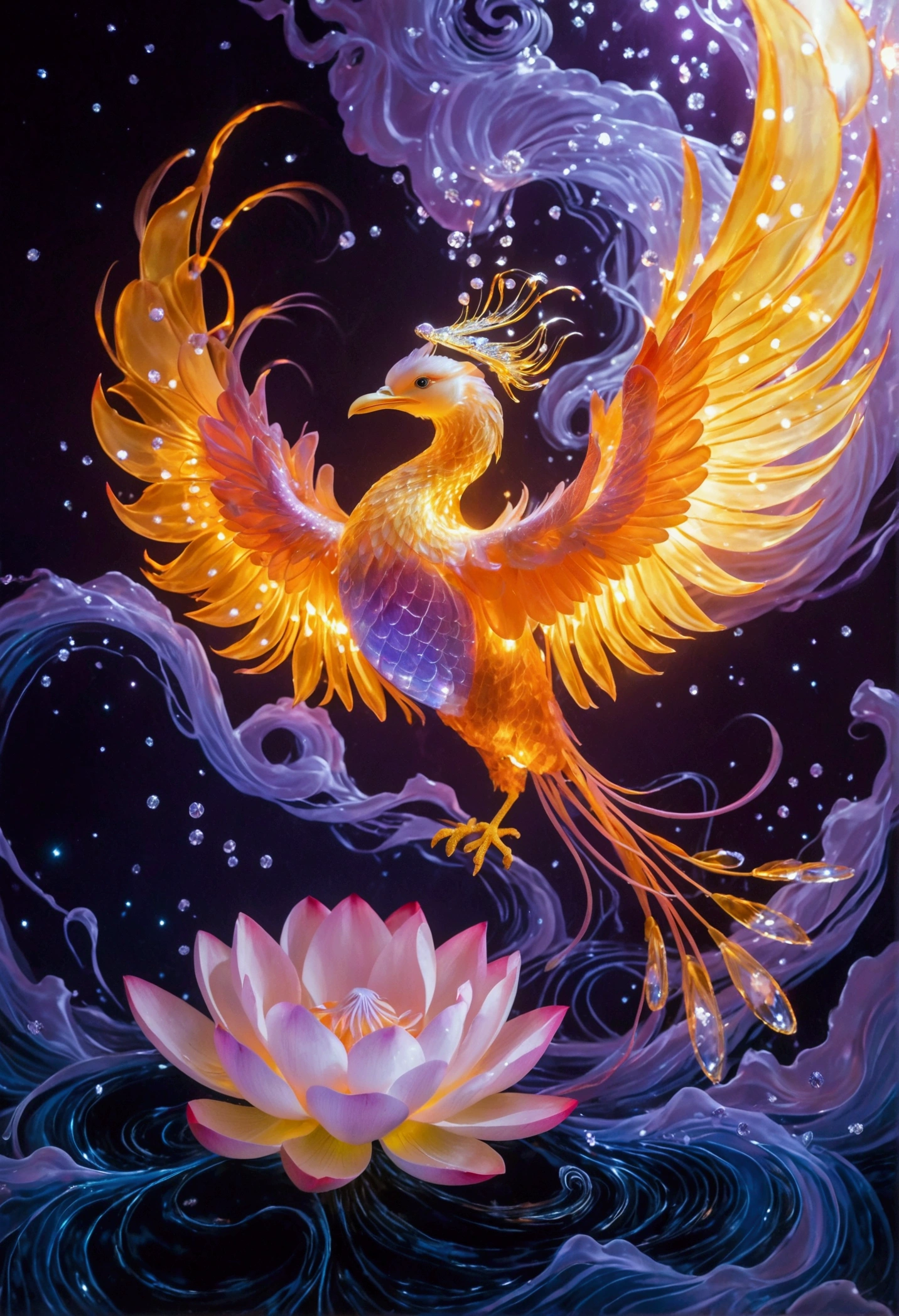 In the light purple background, a flaming phoenix rushes into the air, a circle of starlight forms an arc above it, a translucent lotus flower on the water directly below the flaming phoenix, the water has circular ripples, in front of the picture, glittering diamonds float in space, high definition, fine details, bright colors, The dynamic composition of the photographic style creates a dreamlike atmosphere, bright lights illuminate delicate textures, and low-angle shots highlight curves.