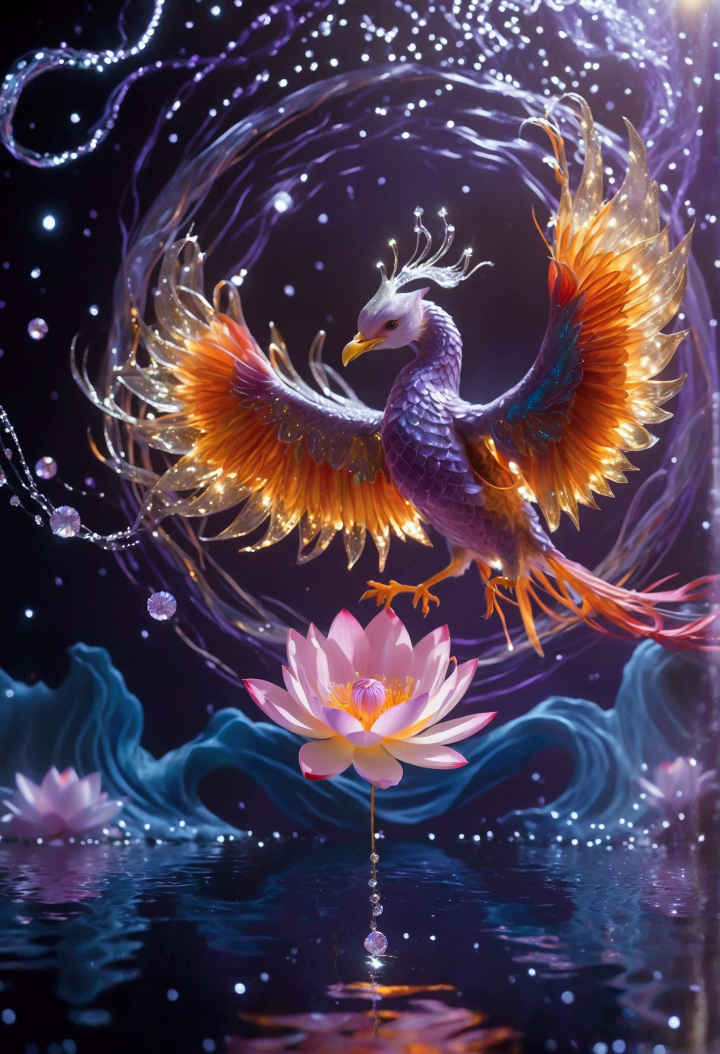 In the light purple background, a flaming phoenix rushes into the air, a circle of starlight forms an arc above it, a translucent lotus flower on the water directly below the flaming phoenix, the water has circular ripples, in front of the picture, glittering diamonds float in space, high definition, fine details, bright colors, The dynamic composition of the photographic style creates a dreamlike atmosphere, bright lights illuminate delicate textures, and low-angle shots highlight curves.