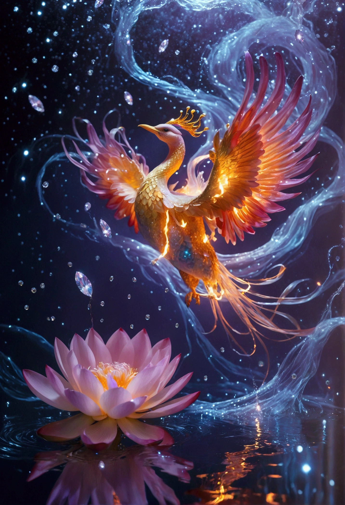 In the light purple background, a flaming phoenix rushes into the air, a circle of starlight forms an arc above it, a translucent lotus flower on the water directly below the flaming phoenix, the water has circular ripples, in front of the picture, glittering diamonds float in space, high definition, fine details, bright colors, The dynamic composition of the photographic style creates a dreamlike atmosphere, bright lights illuminate delicate textures, and low-angle shots highlight curves.