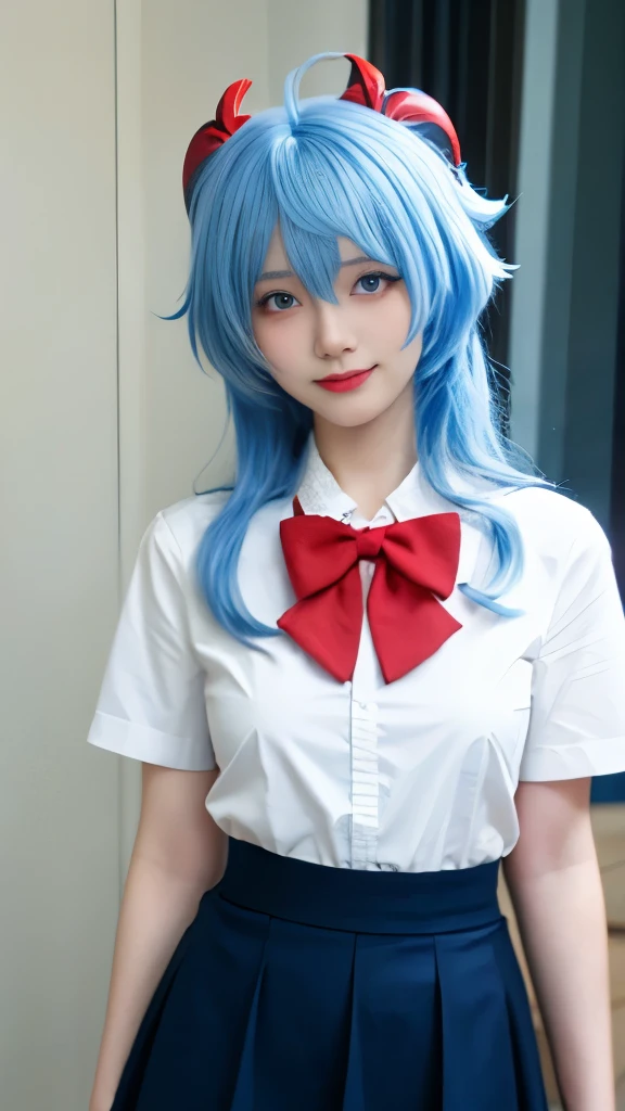  best quality, masterpiece,Ultra-high resolution,Clear face,（Reality：1.4），Mood Lighting,Master Lighting, (Reality:1.50),, 1 Girl,Solitary, {Genshin Impact:1.15}, Blue Hair, long hair, Bangs, Red horns，Water blue eyes, blush, sideways，Look directly at the audience，Face Focus, Medium breasts, bow tie, , Sailor suit collar, School, shirt, skirt, simple_background, 纯色background,indoor,skirt, 白色的background, 白色的shirt, 黑色的skirt, Shut up, Smile,Short sleeve,Standing,The thighs can be seen,White socks,Anime idol poses