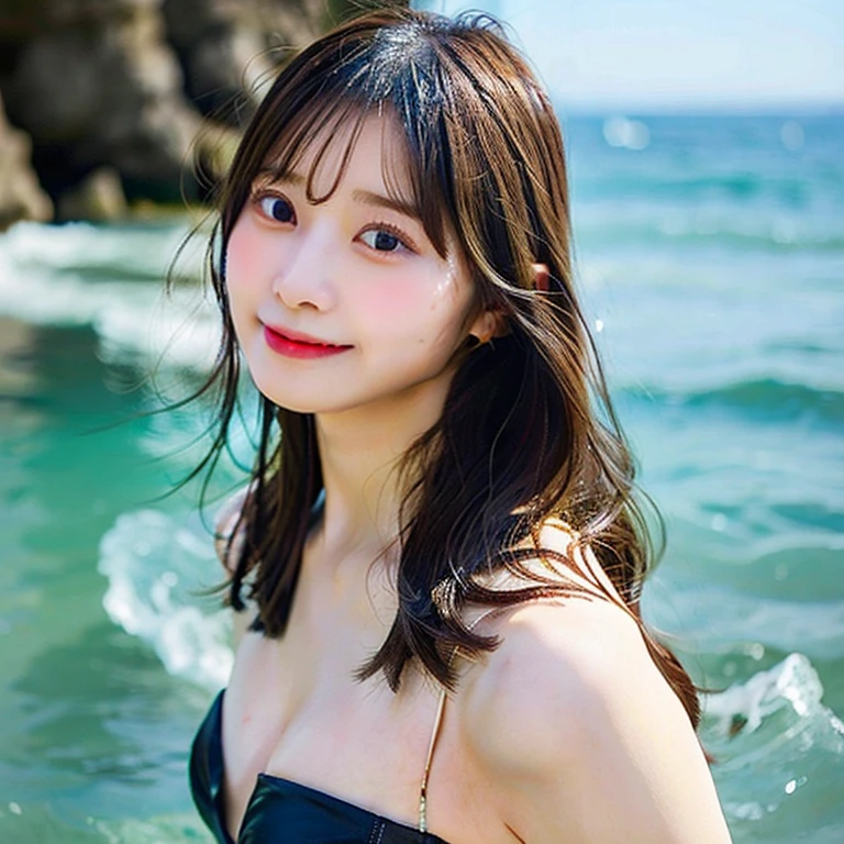 Close-up of girl, Girls' Front, focus on the girl, standing in the ocean, Perfect female body, Beautiful detailed girl, 20 years old, Fluttering long hair, Air bangs, detailed black hair, super fucking beautiful, grin, bright eyes, large breasts, bikini, extremely detailed, absurdres,