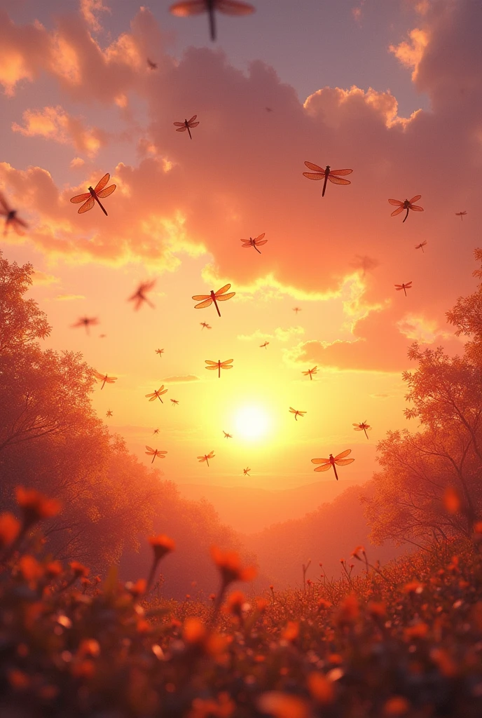 autumn sky、Countless dragonflies、sunset
