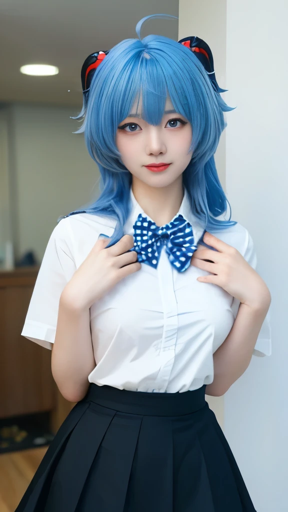  best quality, masterpiece,Ultra-high resolution,Clear face,（Reality：1.4），Mood Lighting,Master Lighting, (Reality:1.50),, 1 Girl,Solitary,Korean Girl,Chinese Girl,,Ganyu(Genshin Impact:1.15), Blue Hair, long hair, Bangs, Red horns，Water blue eyes, blush, sideways，Look directly at the audience，Face Focus, Medium breasts, bow tie, , Sailor suit collar, School, shirt, skirt,, Solid color background,indoor,skirt, White background, 白色的shirt, 黑色的skirt, Shut up, Smile,Short sleeve,,The thighs can be seen,White socks,Anime idol poses