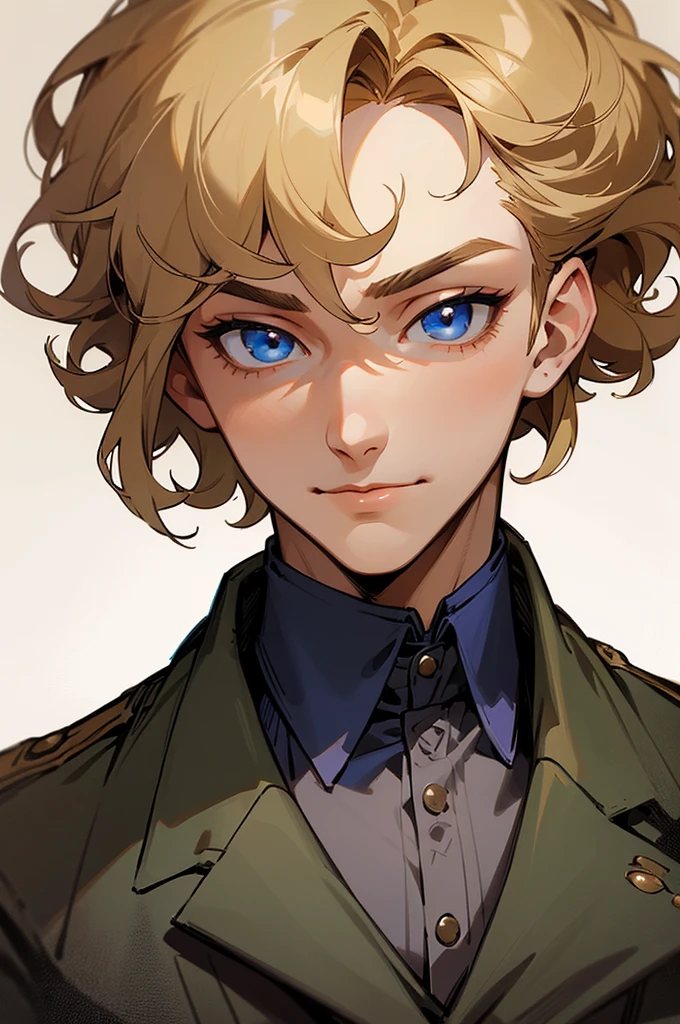 handsome man, handsome face, face with beautiful features, confident and tough but refined appearance, a great smile, short curly hair, blonde hair, blue eyes, big eyes, wears a victorian military outfit, anime style.