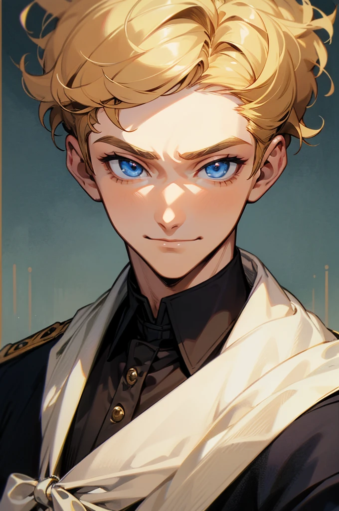 handsome man, handsome face, face with beautiful features, confident and tough but refined appearance, a great smile, short curly hair, blonde hair, blue eyes, big eyes, wears a victorian military outfit, anime style.