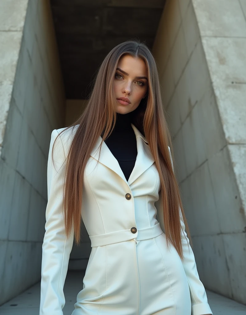 pale skin, evil slavic woman, long light brown hair, muscular, long straight hair, Stylish photo shoot, slight smile, Concrete building in the background, White costume, black turtleneck, fashion pose, Nikon D850, film stock photograph ,4 Kodak Portra 400 ,camera f1.6 lens ,saturated colors ,hyper realistic ,lifelike texture , Cinestill 800