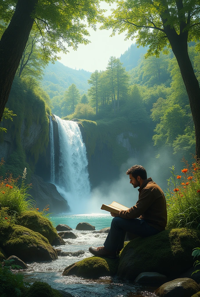 I want a picture in which there is a dense forest and hills. There is a waterfall. A man sitting there is reading a book.