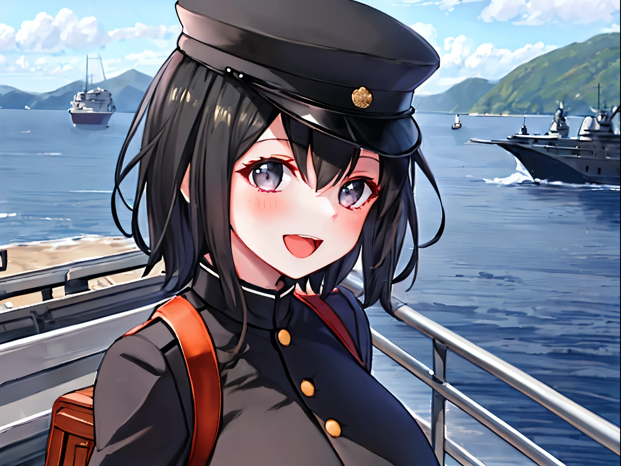 best quality, masterpiece, solo, {akitsu_maru_kantaicollection:1.15}, black_hair, short_hair, hat, peaked_cap, black_eyes, military, big_breasts, 1girl, black_headwear, looking_at_viewer,black_ military_uniform, uniform, military_hat, in_front_harbor_town_landscape_background, smile,(plump:0.7),,black_thigh-highs,joylight_open_mouth,