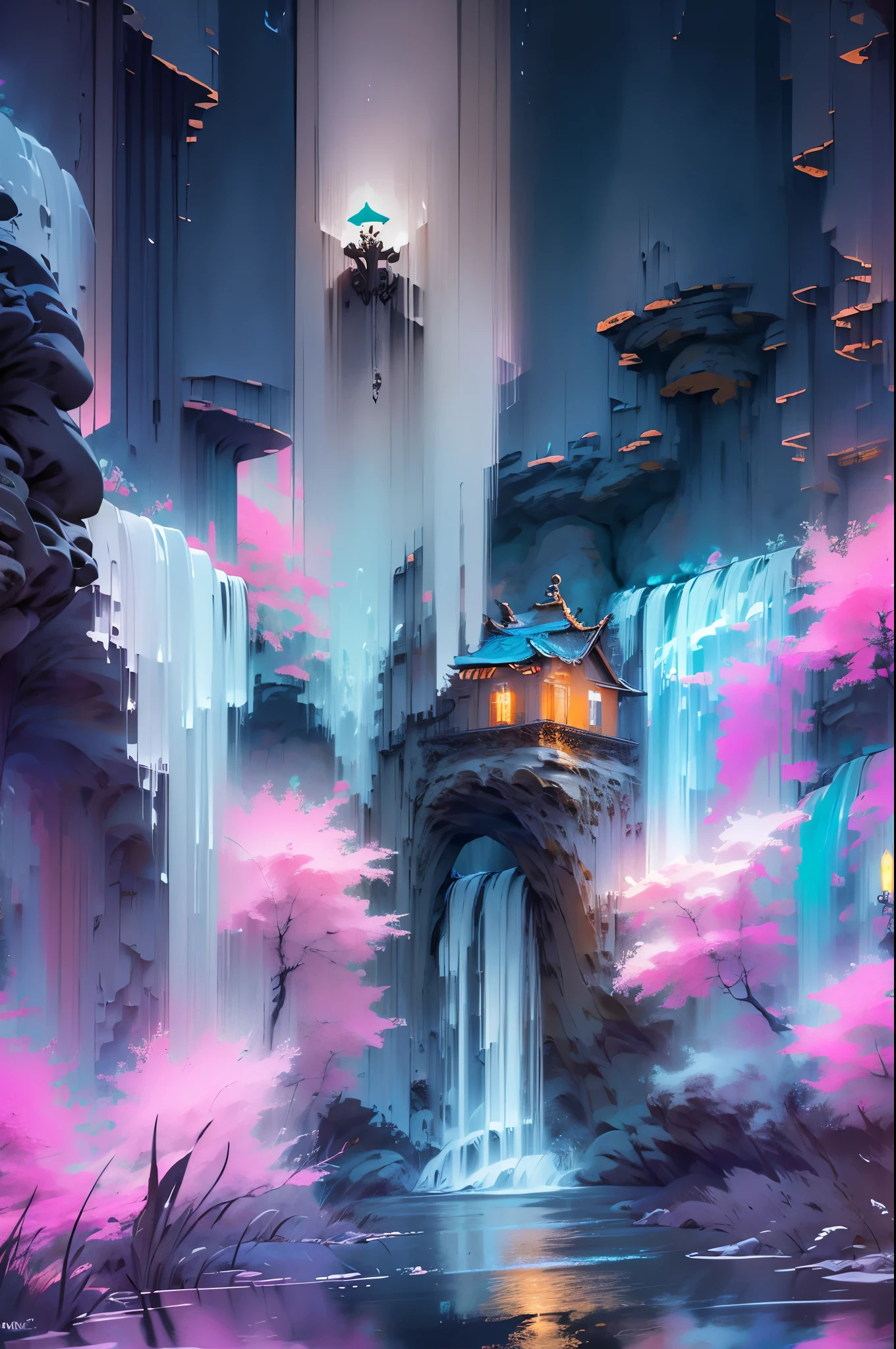 Dessinez un poster d'un village, dans le style lofi, décoration féérique, cascade de lumière, grotte, stalagmites, stalactites, champignon, cristaux, la nuit, belle palette de couleurs varié, couleurs saturées vibrantes, œuvre d'art, aucun humain, thème lumineux.