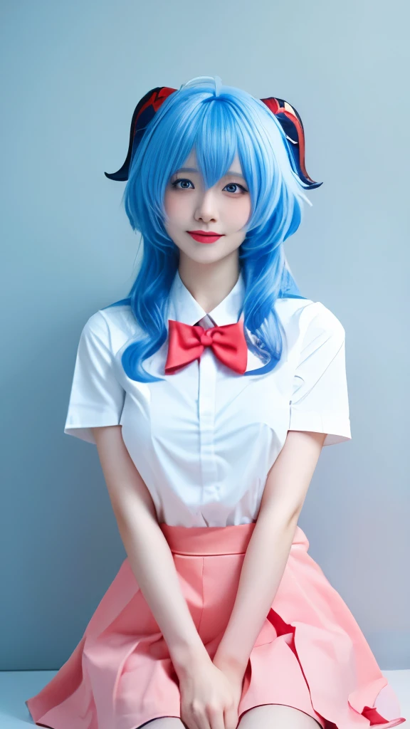  best quality, masterpiece,Ultra-high resolution,Clear face,（Reality：1.4），Mood Lighting,Master Lighting, (Reality:1.50),, 1 Girl,Solitary,Korean Girl,Chinese Girl,,Ganyu(Genshin Impact:1.15), Blue Hair, long hair, Bangs, Red horns，Water blue eyes, blush, Ultra-thin face,sideways，Look directly at the audience，Face Focus, Medium breasts, bow tie, , Sailor suit collar, School, shirt, skirt,, Solid color background,indoor,skirt, White background, 白色的shirt, 黑色的skirt, Shut up, Smile,Short sleeve,,The thighs can be seen,White socks,Anime idol poses