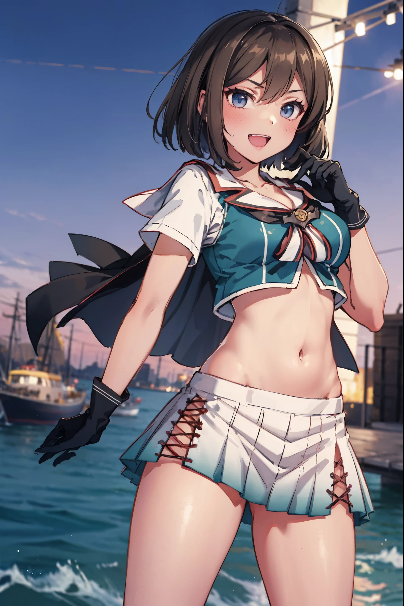 1young__ girl, , brown_hair, medium_bob_hair, blue_midriff_baring_sailor_uniform, mini_skirt, short_sleeve, thighs, gigantic_breasts, (angry:0.6), smile,nihil,dynamic_posing, harbor_landscape_background, slightly_spread_Legs, happiness, short_gloves,,covered_nipples, covered_crotch,happy,open_mouth,