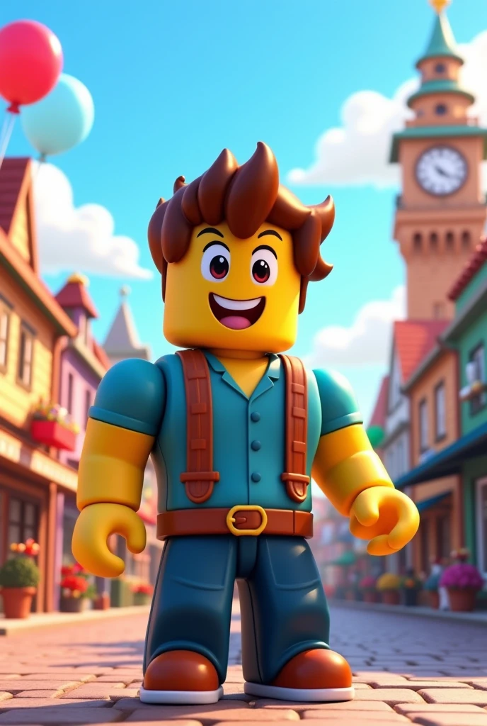 A Roblox character in front of a town