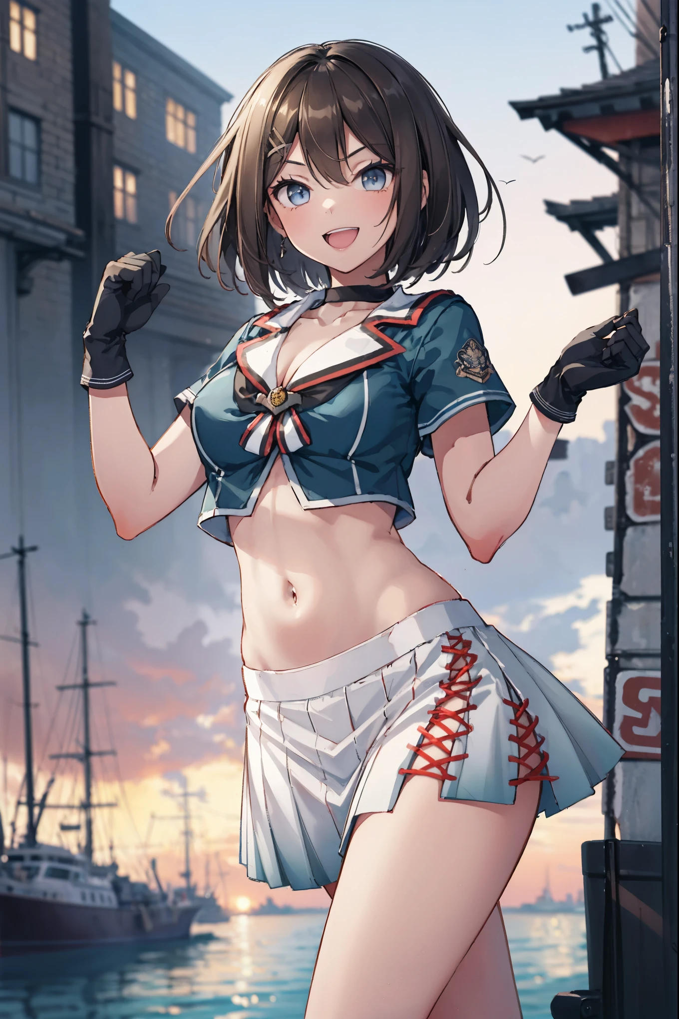 1young__ girl, , brown_hair, medium_bob_hair, blue_midriff_baring_sailor_uniform, mini_skirt, short_sleeve, thighs, gigantic_breasts, (angry:0.6), smile,nihil,dynamic_posing, harbor_landscape_background, slightly_spread_Legs, happiness, short_gloves,,covered_nipples, covered_crotch,happy,open_mouth,