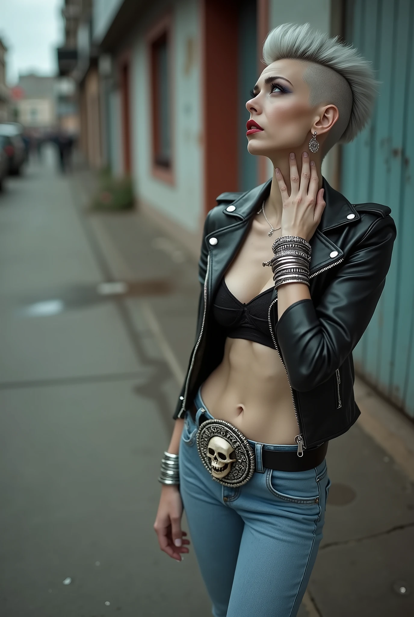 
russian old milf woman, biker gang member, grey hair ( puffy pompadour with shaved sides and longer in the back of the head), with very light blue eyes, extremely pale, heavy eye shadows.. without bandana. Thin. Sad, humbled face, smeared excessive make up and smeared excessive dark red lipstick, Wearing black moto jacket, black push up bra, skinny black  jeans and white tennis sneakers. Lots of metallic bracelets. Tacky wide belt with massive skull and bones buckle . Both hands caress her neck. Lots of rings. Wide loop earrings. Looks up with amazement because she thinks God is talking to her, mouth and eyes open.