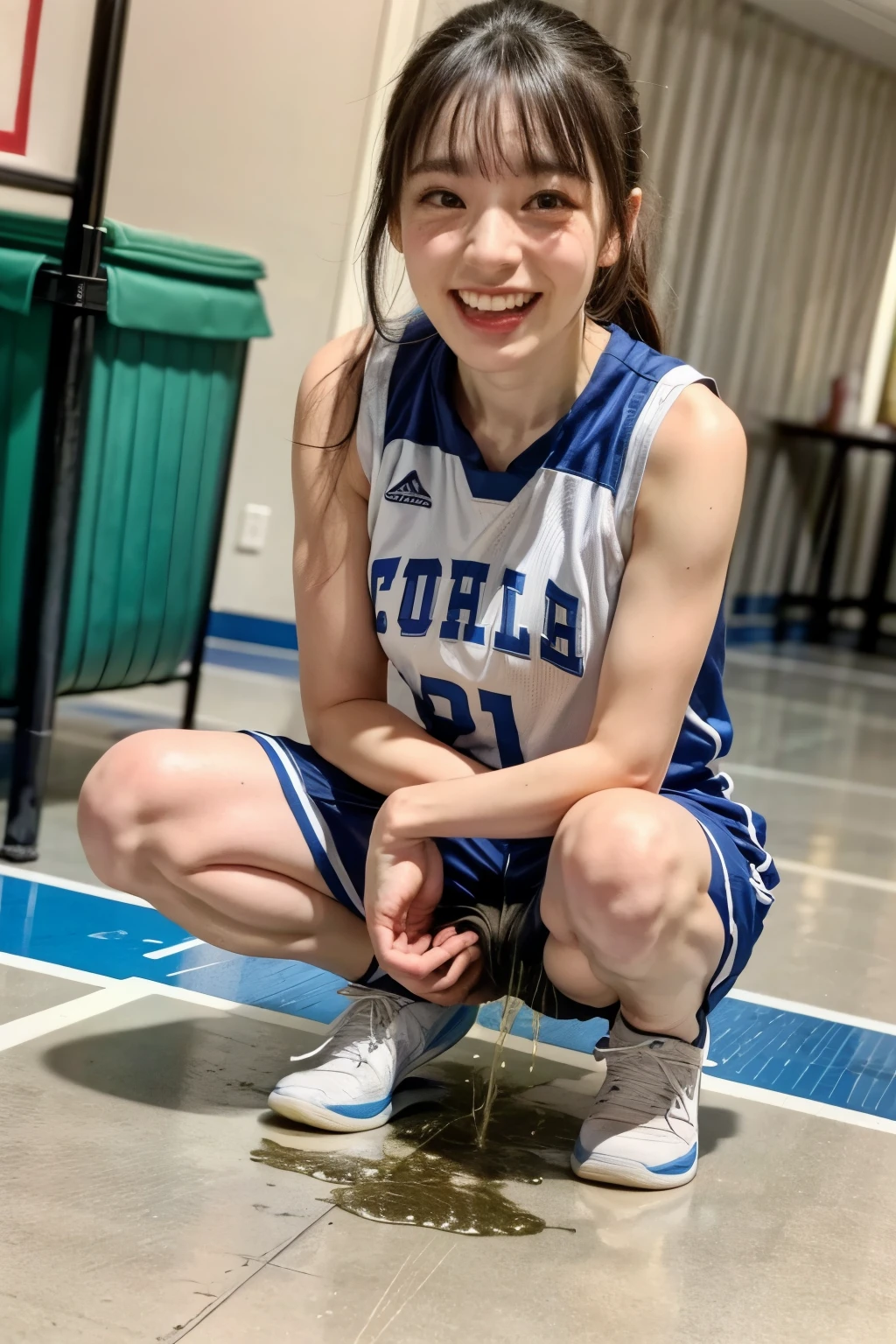 (realistic, photo-realistic:1.4), (masterpiece,best quality:1.2), RAW photo, high resolution, intricate details extremely detailed, realistic and sharp details, solo, 1girl, a 22 years old woman, seductive pose, (basketball player), (sleeveless basketball uniform:1.4), shoes, dark hair, (detailed face, beautiful detailed eyes, sophisticated nose), pale skin, sweaty, shiny skin, cheerful grin, (squatting with spread legs apart:1.5), (peeing self, pee stain, urinate a lot, urination:1.5), (pee puddle), photo background, indoors, gymnasium,,,[Rika Ishimori,Sakurazaka46]