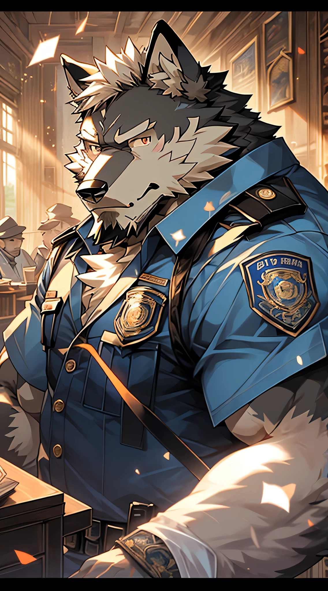 masterpiece, best quality, 8K resolution, Very detailed, hairy, Perfect anatomical structure, Light Particles,black Wolf, solitary, Vertical pupil,Eye, Strong, (Eye anthro wolf):1.3, (Black fur 1.4), White belly, Fur, Delicate Eye, Wolf tail, ((portrait)), , (Delicate Eye, 金Eye, Bright Eye):1.1, The Art of Mathematics, masterpiece, Anime style, shabby, muscular, uncle, Messy beard, middle aged, old, Police Uniform, Bureau, Police Officer