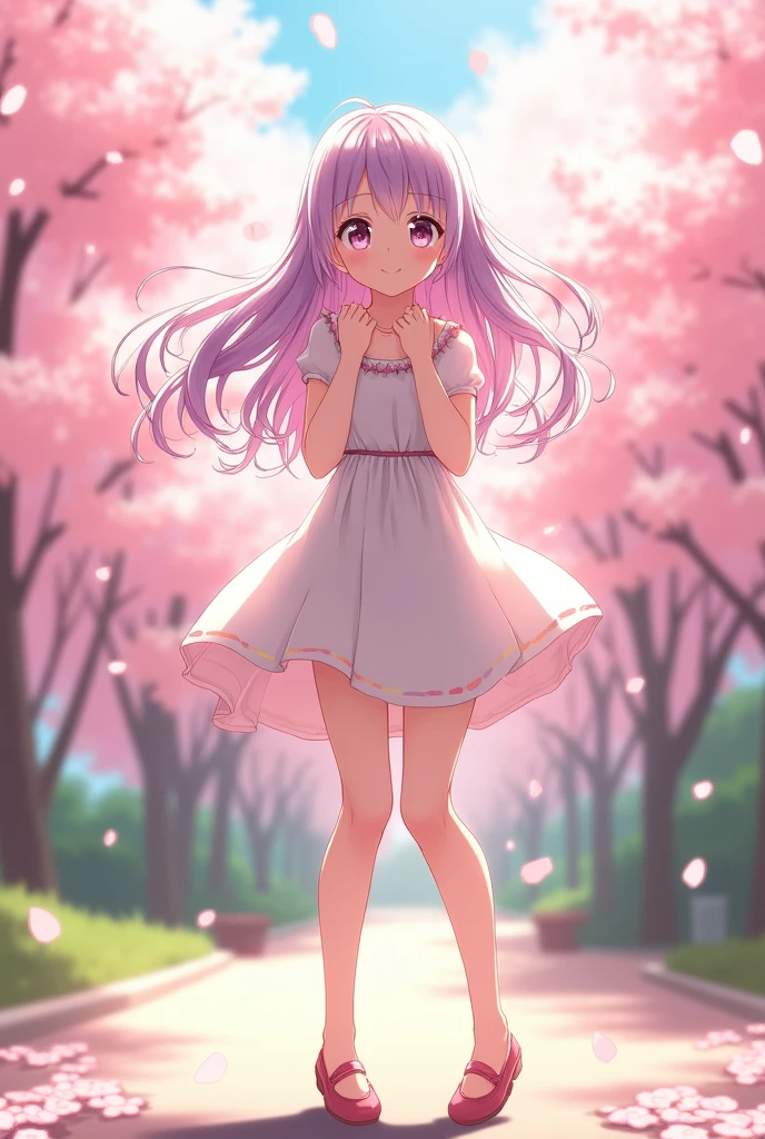 Anime girl showing her legs in flat shoes, looking like she's not wearing underwear.
