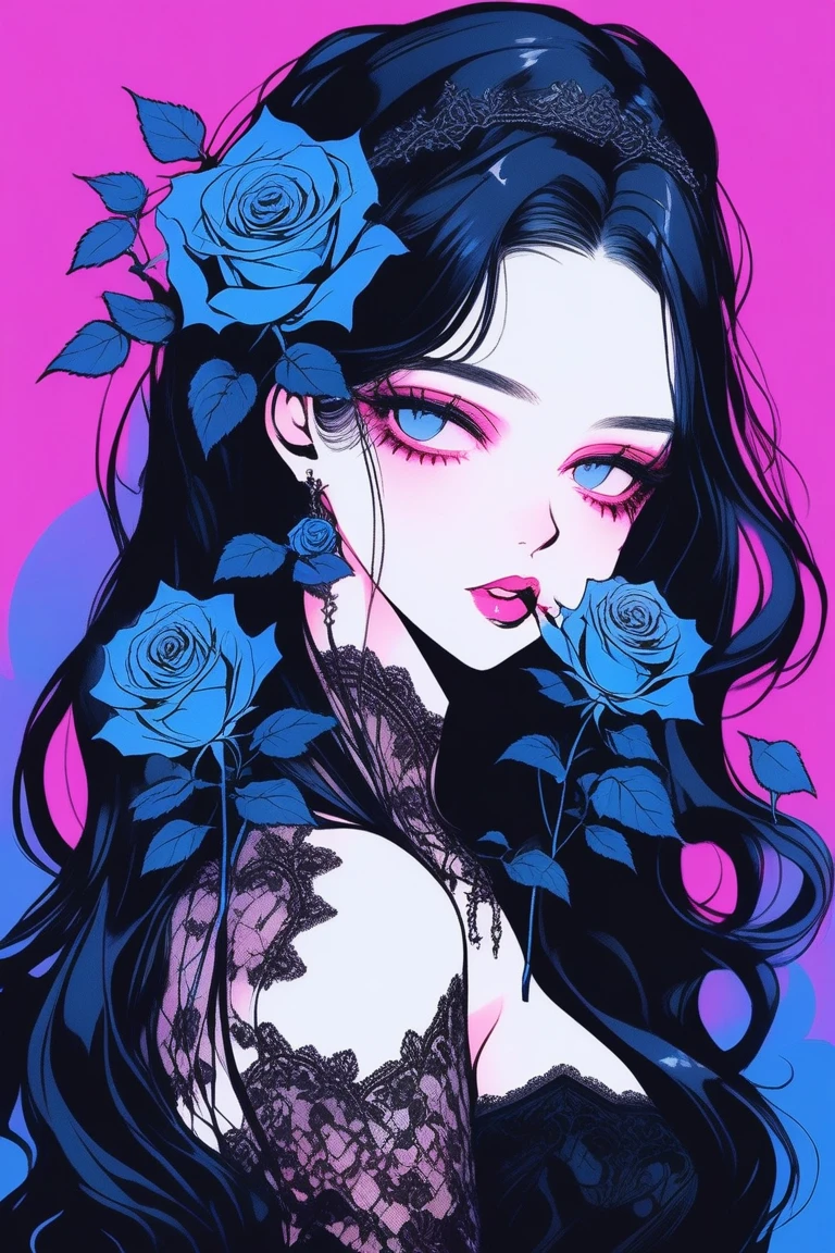 
Illustrator, anime , Realistic ,sketch , 1 person, model,Portrait, lip, A translucent gothic black mini dress with lots of lace.., order, Blue and pink gradient background, Neon-colored long hair, Big Breasts, She is holding a single blue rose in her mouth.., Sexy look, Sexy pose, Texture Trim, Russia, (masterpiece,Highest quality)