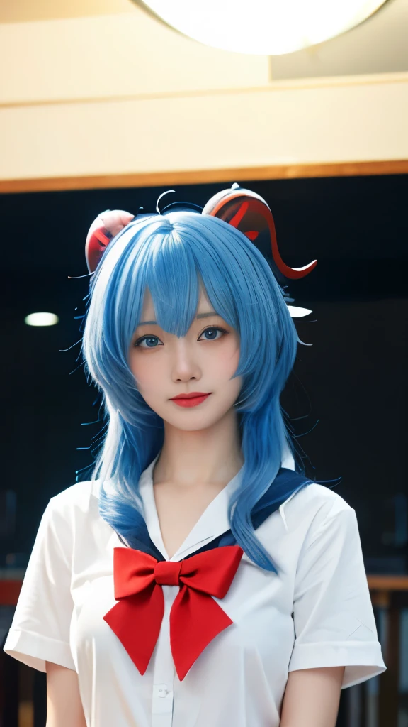  best quality, masterpiece,Ultra-high resolution,Clear face,（Reality：1.4），Mood Lighting,Master Lighting, (Reality:1.50),, 1 Girl,Solitary,Korean Girl,Chinese Girl,,Ganyu(Genshin Impact:1.15), Blue Hair, long hair, Bangs, Red horns，Water blue eyes, blush, Ultra-thin face,sideways，Look directly at the audience，Face Focus, Medium breasts, bow tie, , Sailor suit collar, School, shirt, skirt,, Solid color background,indoor,skirt, White background, 白色的shirt, 黑色的skirt, Shut up, Smile,Short sleeve,,The thighs can be seen,White socks,Anime idol poses