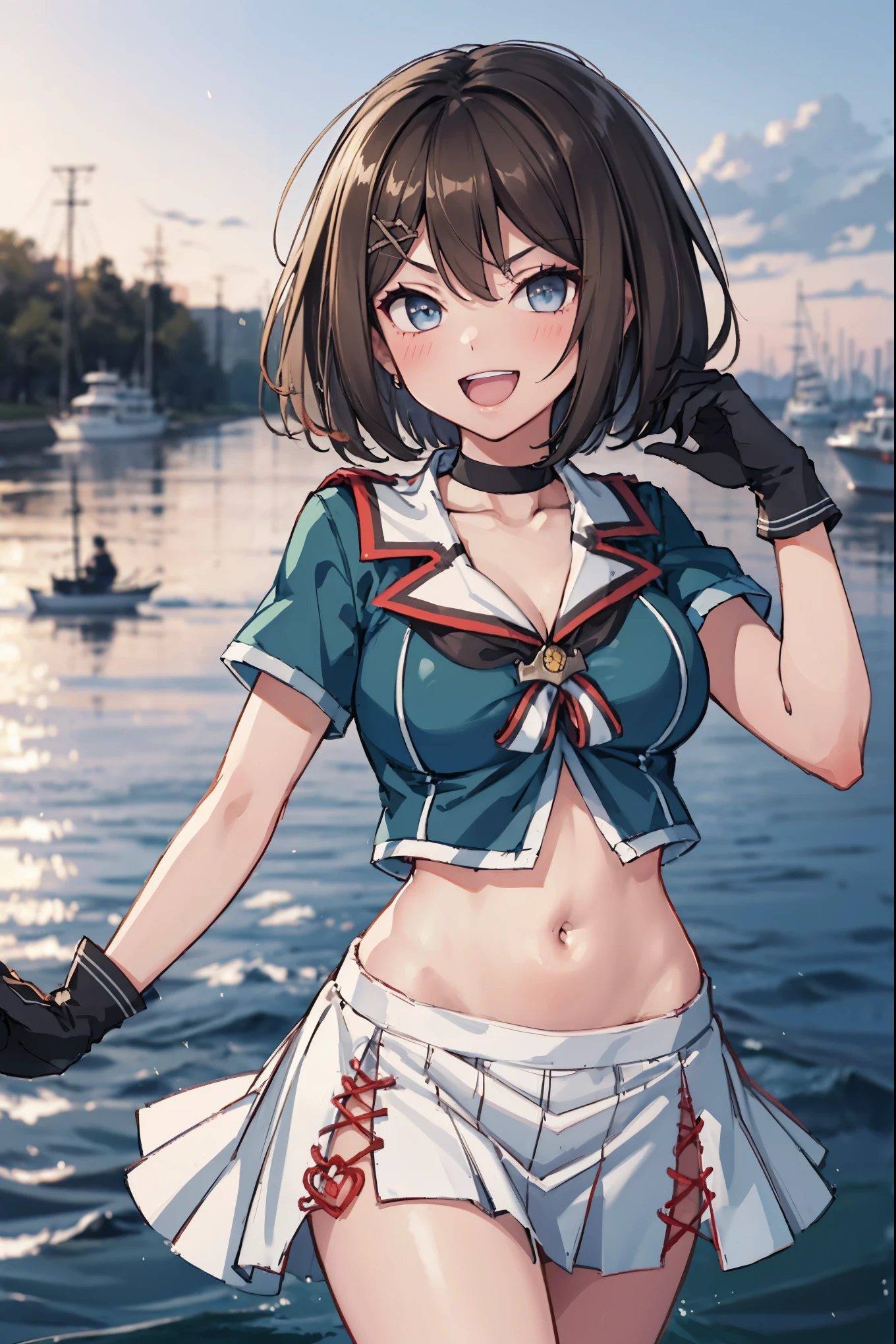 1young_teen_ girl, , brown_hair, medium_bob_hair, blue_midriff_baring_sailor_uniform, mini_skirt, short_sleeve, thighs, gigantic_breasts, (angry:0.6), smile,nihil,dynamic_posing, harbor_landscape_background, slightly_spread_Legs, happiness, short_gloves,,covered_nipples, covered_crotch,happy,open_mouth,