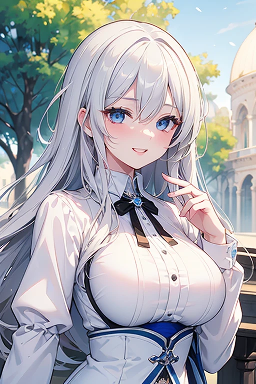 (masterpiece, best quality), intricate details,
1girl, blonde hair, blue eyes, light silver hair, white hair tips,
Big breasts, smiling, opened mouth, wear white shirt, long Sleeve shirt, blue checkered shirt, Park background
