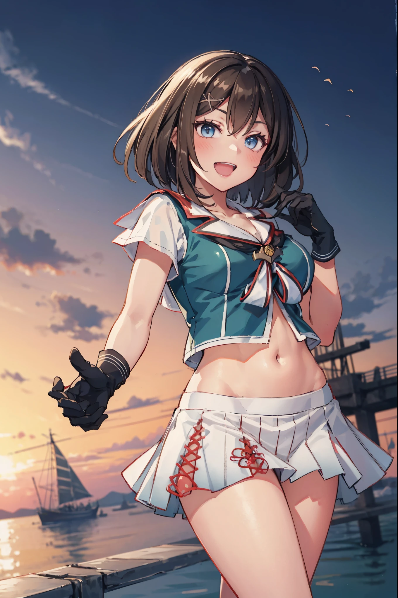 1young_teen_ girl, , brown_hair, medium_bob_hair, blue_midriff_baring_sailor_uniform, mini_skirt, short_sleeve, thighs, gigantic_breasts, (angry:0.6), smile,nihil,dynamic_posing, harbor_landscape_background, slightly_spread_Legs, happiness, short_gloves,,covered_nipples, covered_crotch,happy,open_mouth,