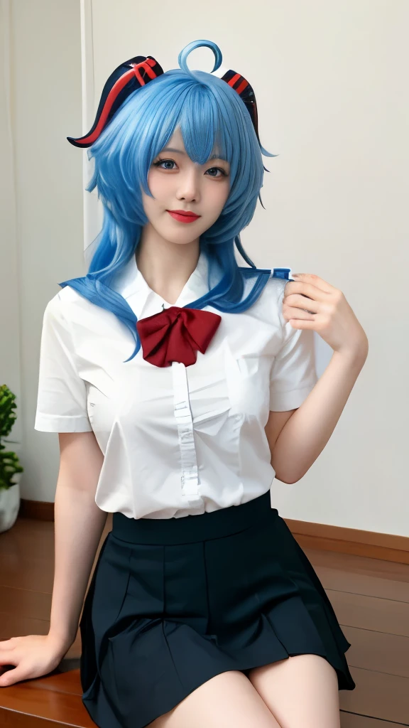  best quality, masterpiece,Ultra-high resolution,Clear face,（Reality：1.4），Mood Lighting,Master Lighting, (Reality:1.50),, 1 Girl,Solitary,Korean Girl,Chinese Girl,,Ganyu(Genshin Impact:1.15), Blue Hair, long hair, Bangs, Red horns，Water blue eyes, blush, Ultra-thin face,sideways，Look directly at the audience，Face Focus, Medium breasts, bow tie, , Sailor suit collar, School, shirt, skirt,, Solid color background,indoor,skirt, White background, 白色的shirt, 黑色的skirt, Shut up, Smile,Short sleeve,,The thighs can be seen,White socks,Anime idol poses