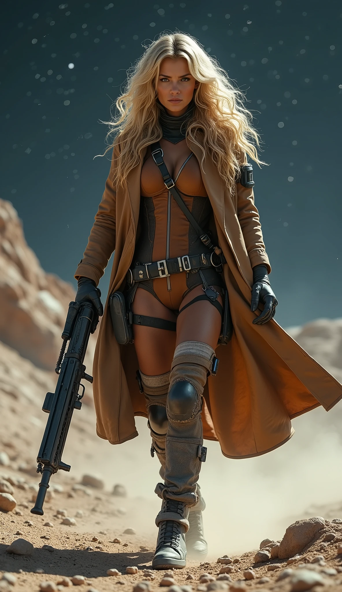 Angry sexy Blonde woman space ranger, full body shot head to toe, exploring a dry rocky almost barren ice planet, running 3/4 profile left, holding a long barrol multishot space hunting rifle, ultra blonde white hair, wavy hair, curly hair, sexy hair, large breasts, wearing ultra dusty wornout clothing, convertable helmet visor down showing ultra beautiful mezmerising face, she is wearing a dry dusting looking leather retro hunting outfit consisting of long brown overcoat leather space ranger form fitting body suit and small amounts of future clothing and space tech, action pose hunting, 36k resolution ultra hyper detailed image, photo-realistic, dehaze, dark of night hunting a nocturnal elusive alien carnivorous animal.,space_girl,Explosive dust