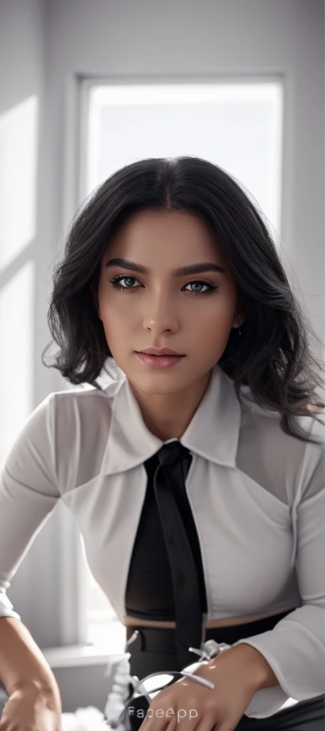 ((realistic face, seductive, adult look, white eyes)), (grey crop top, black underwear, short clothes), (black long hair), (20 years), (1 girl), (4k style))
