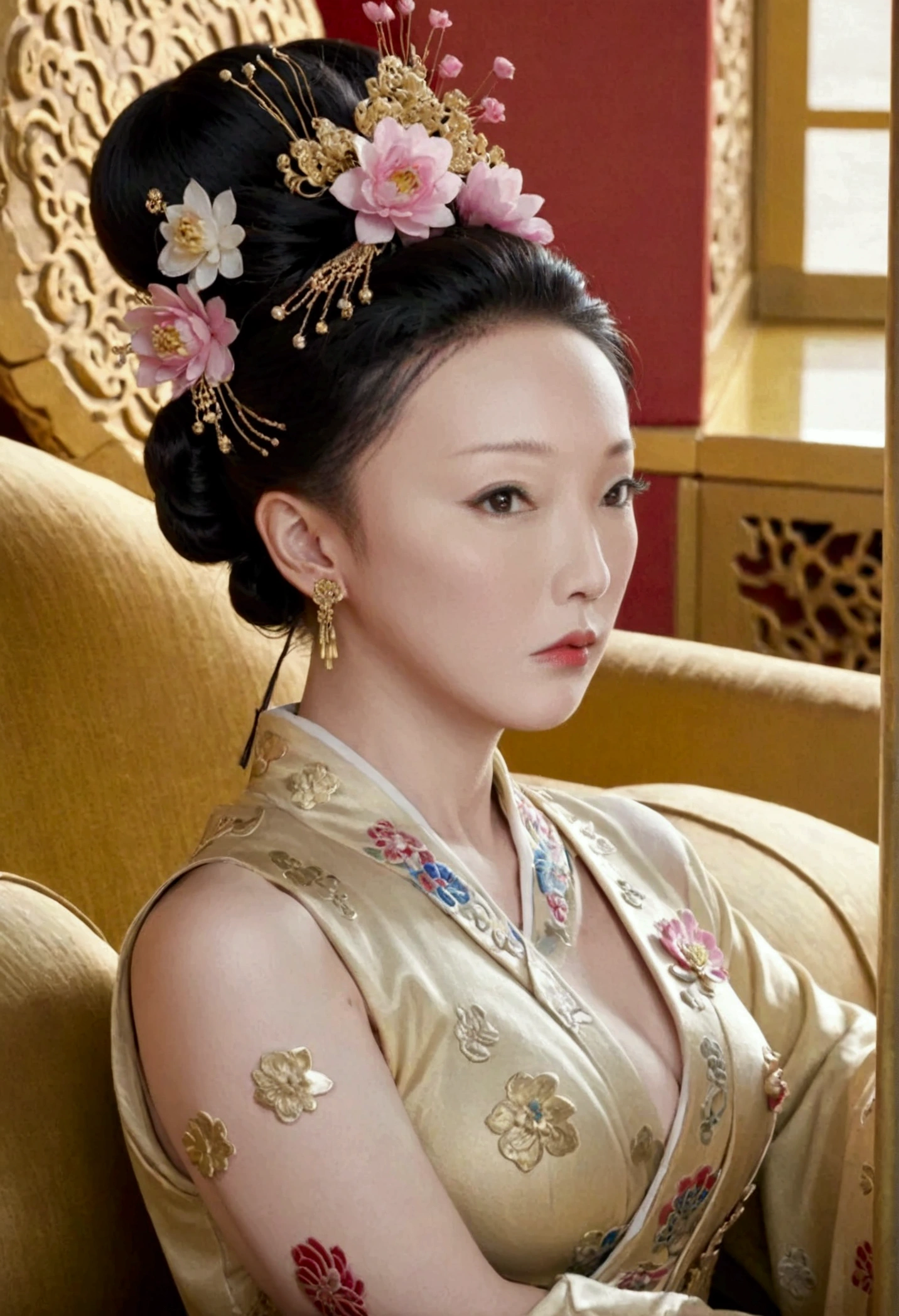 The naked figure of an empress from the Qing Dynasty. Sitting naked on a large golden sofa, looking straight ahead. She has large breasts, her hair is tightly tied, and she wears hairpins and flowers. The background and location of this perverted and erotic woman is the empress of China. The story is set in the luxurious rooms of the empress of the Chinese imperial court during the Qing Dynasty.