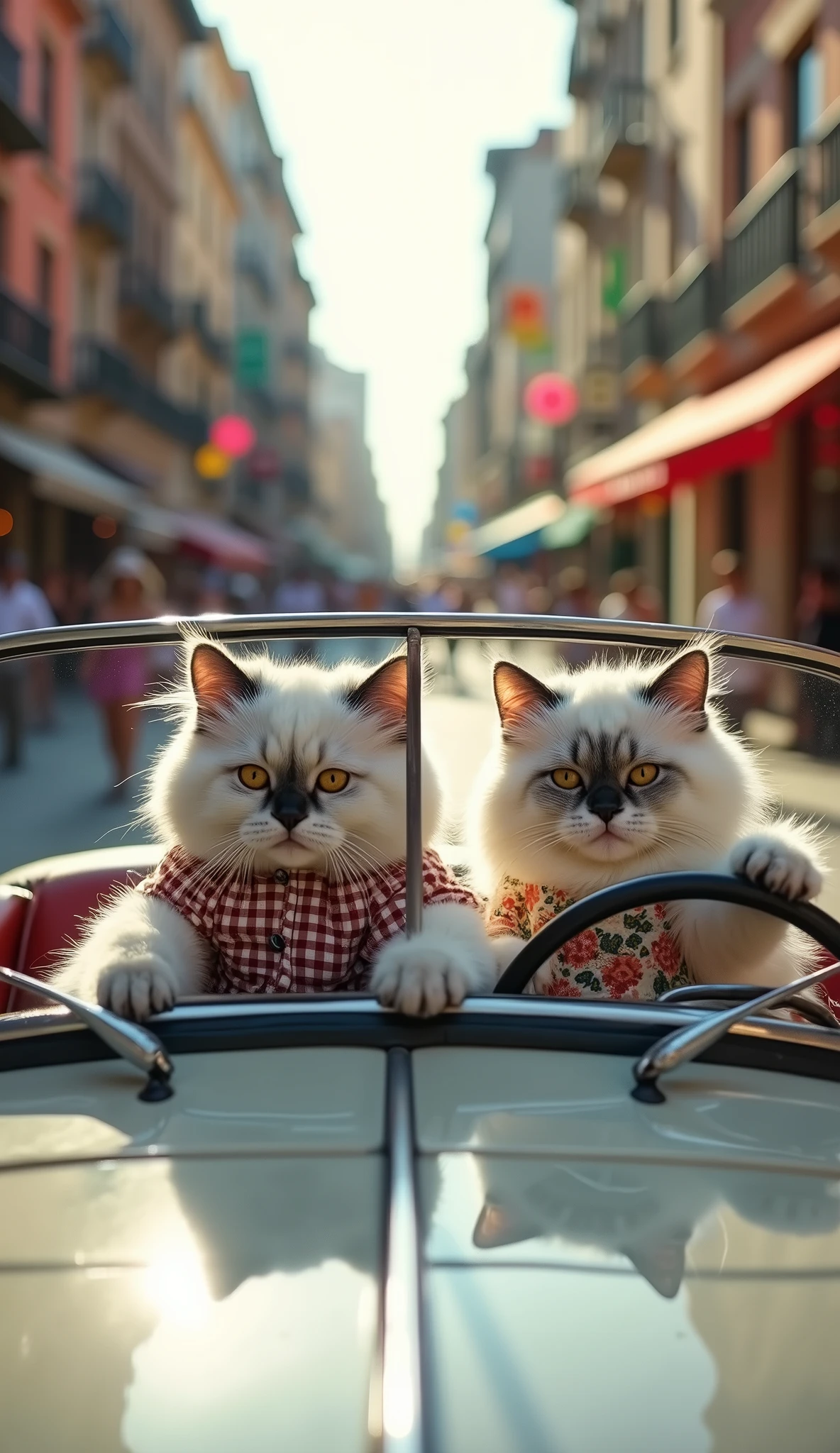 A pair of cute chubby white and grey cats are in a car, with the male cat behind the wheel, concentrating on driving, while the female cat sits beside him, looking relaxed and pampered. Both cats are dressed in casual, human-like clothing, giving the scene a charming and whimsical vibe as they enjoy their drive together. camera position in front of car, location in city street.